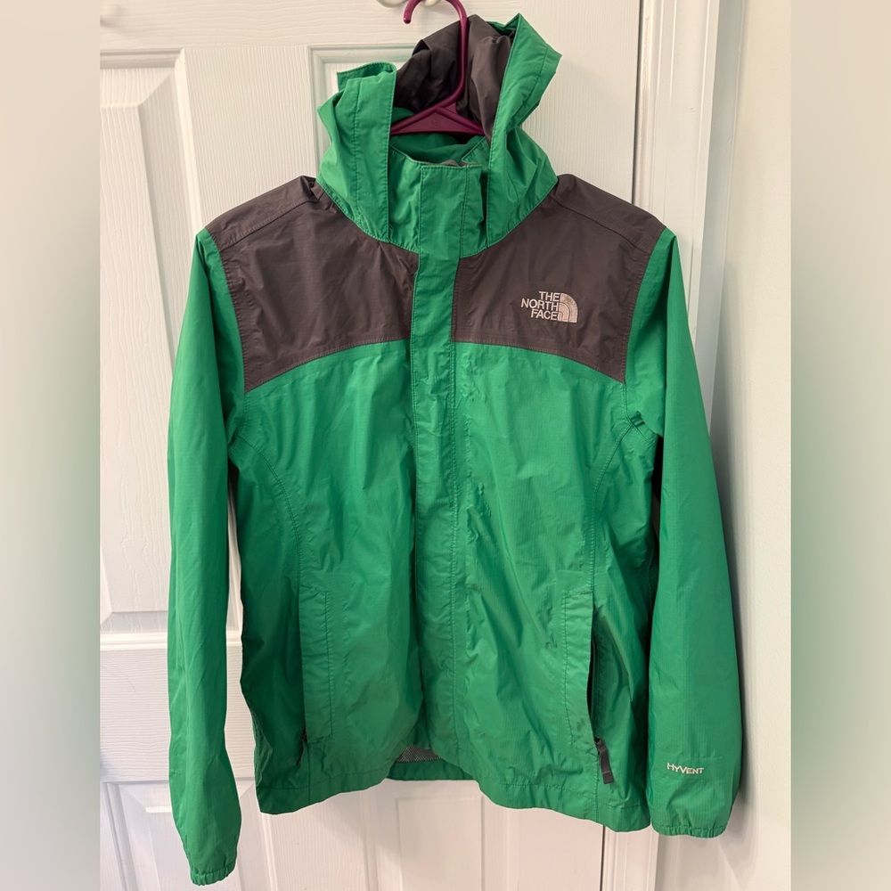 The North Face Hvent hooded green black raincoat 14-16